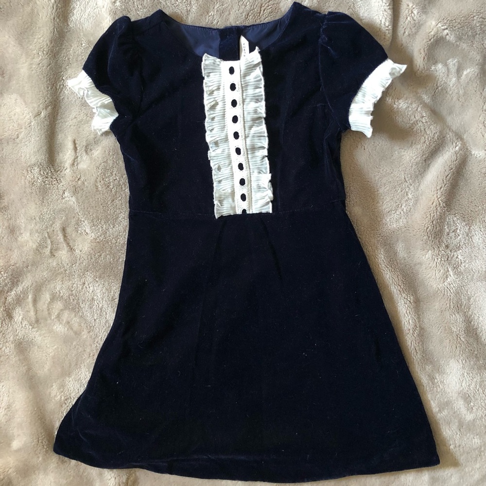Janie and Jack Navy Blue Velvet Dress Short Sleeve White Ruffle Detail Buttons